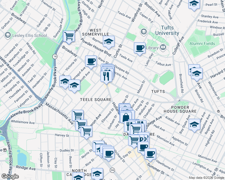 map of restaurants, bars, coffee shops, grocery stores, and more near 1060 Broadway in Somerville