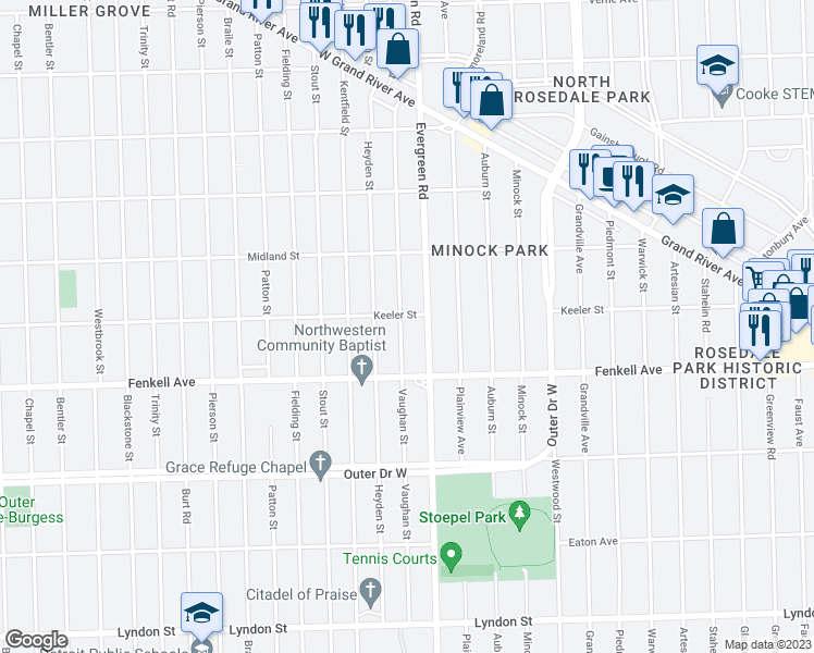 map of restaurants, bars, coffee shops, grocery stores, and more near 15366 Vaughan Street in Detroit