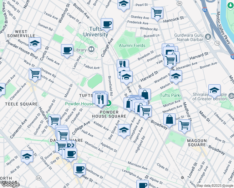 map of restaurants, bars, coffee shops, grocery stores, and more near 37 Warner Street in Somerville