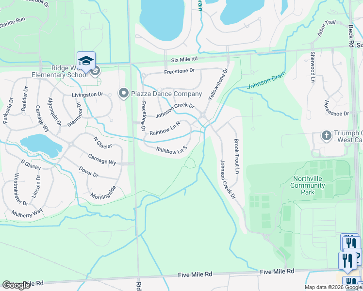 map of restaurants, bars, coffee shops, grocery stores, and more near 48978 Rainbow Lane South in Northville