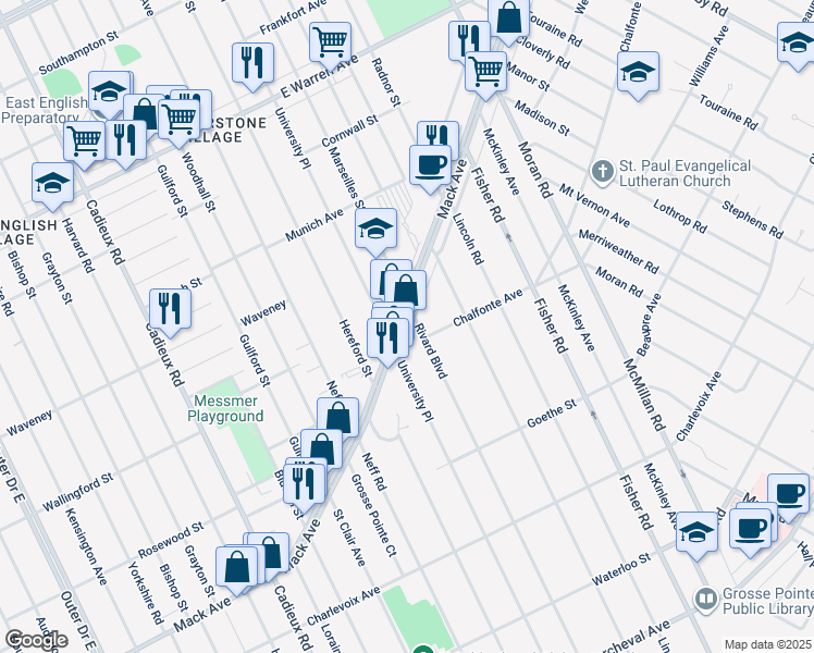 map of restaurants, bars, coffee shops, grocery stores, and more near 17750 Mack Avenue in Grosse Pointe