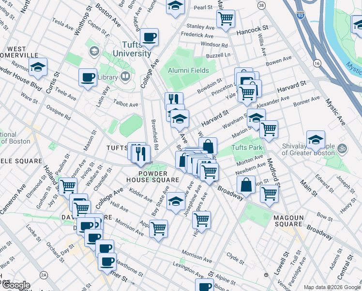map of restaurants, bars, coffee shops, grocery stores, and more near 601 Boston Avenue in Medford