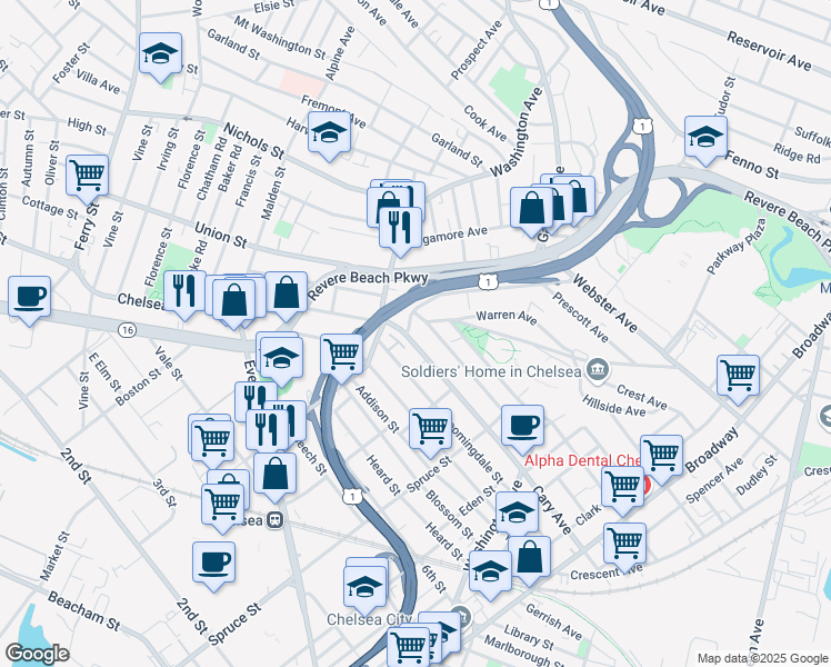 map of restaurants, bars, coffee shops, grocery stores, and more near 295 Washington Avenue in Chelsea