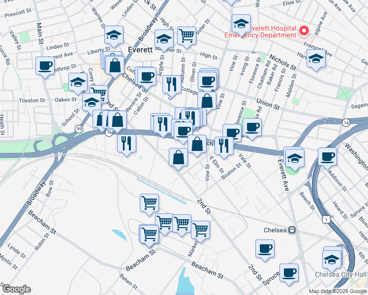 map of restaurants, bars, coffee shops, grocery stores, and more near 1886 Revere Beach Parkway in Everett