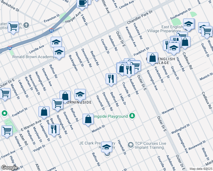map of restaurants, bars, coffee shops, grocery stores, and more near 16131 East Warren Avenue in Detroit