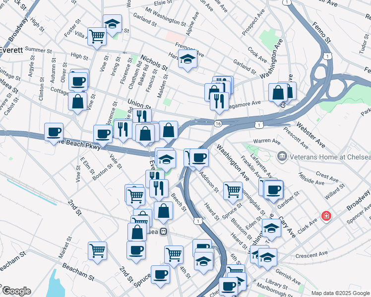 map of restaurants, bars, coffee shops, grocery stores, and more near 215 Orange Street in Chelsea