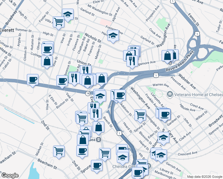 map of restaurants, bars, coffee shops, grocery stores, and more near 215 Orange Street in Chelsea