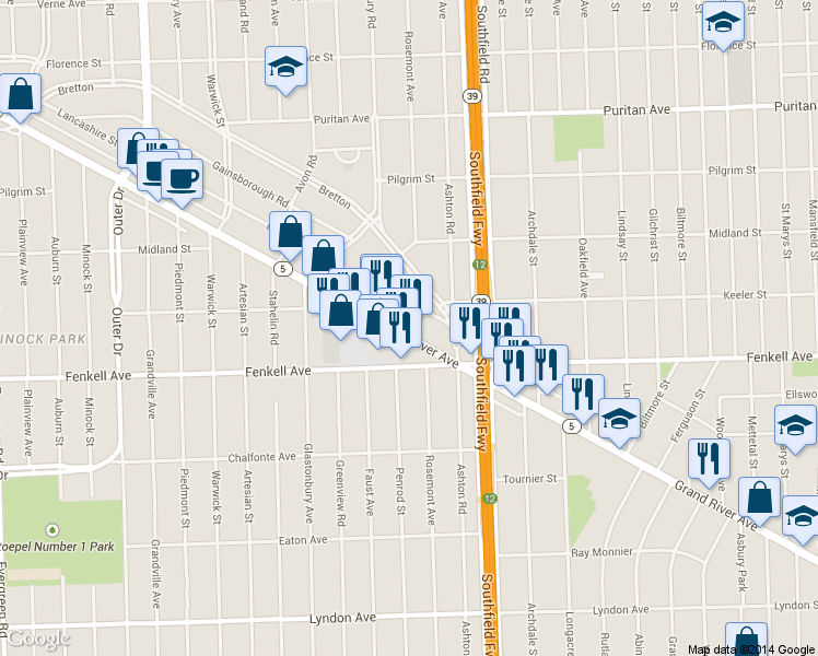 map of restaurants, bars, coffee shops, grocery stores, and more near 18306 Grand River Avenue in Detroit