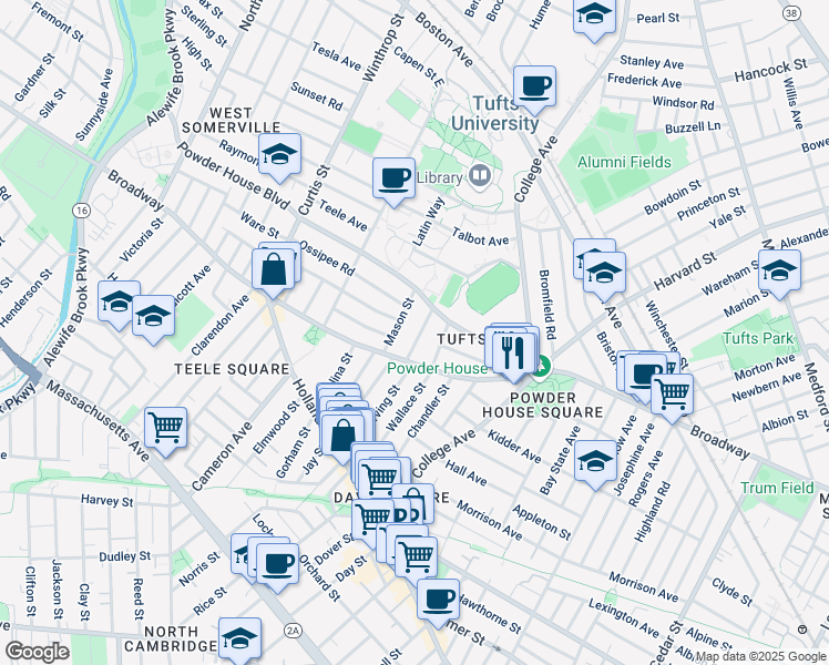 map of restaurants, bars, coffee shops, grocery stores, and more near 27 Burnham Street in Somerville