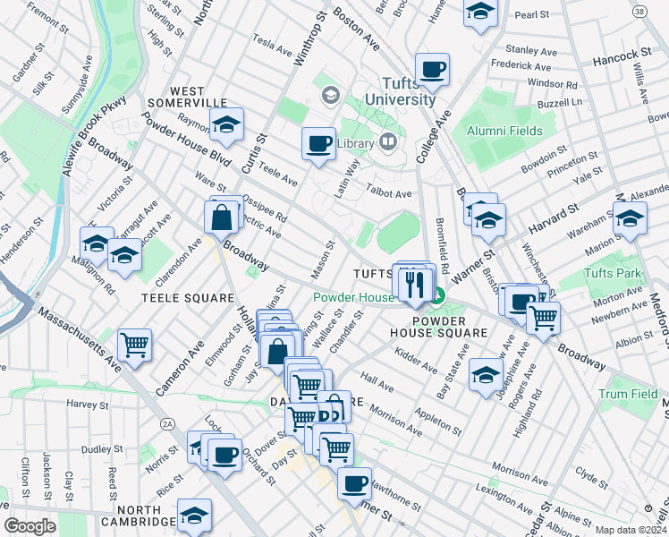 map of restaurants, bars, coffee shops, grocery stores, and more near 24 Burnham Street in Somerville