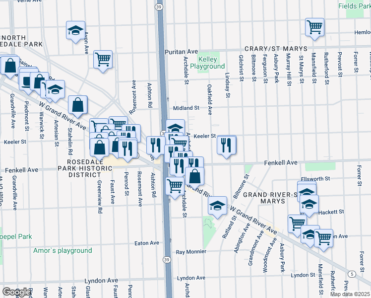 map of restaurants, bars, coffee shops, grocery stores, and more near 15321 Archdale Street in Detroit