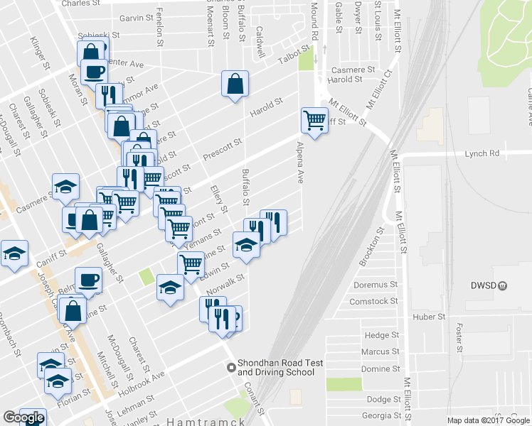 map of restaurants, bars, coffee shops, grocery stores, and more near 5108 Yemans Street in Hamtramck
