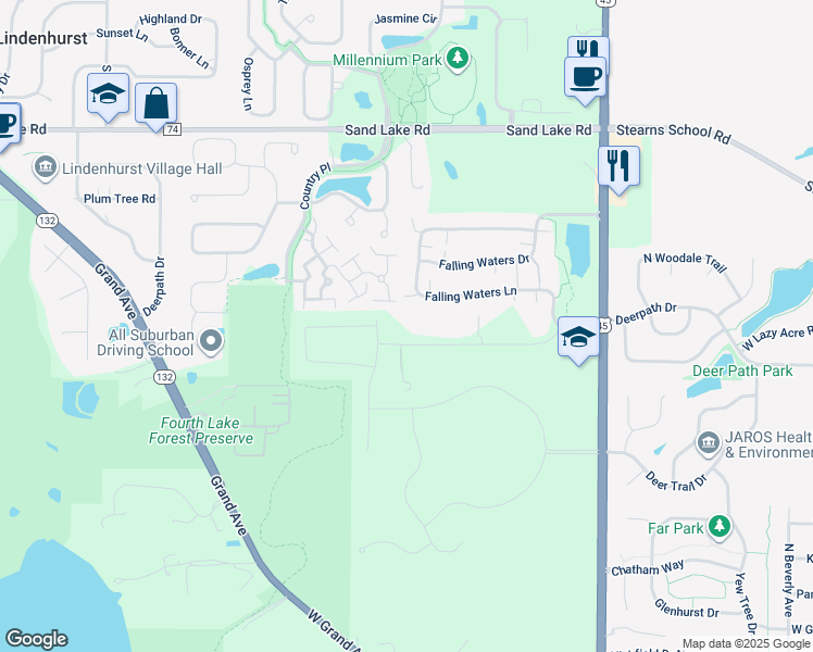 map of restaurants, bars, coffee shops, grocery stores, and more near 2902 Falling Waters Boulevard in Lindenhurst
