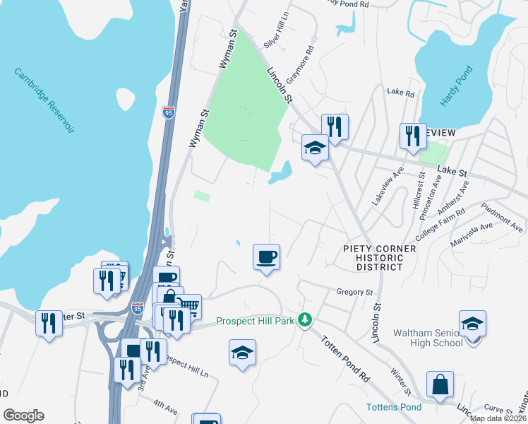 map of restaurants, bars, coffee shops, grocery stores, and more near 27 Weir Road in Waltham