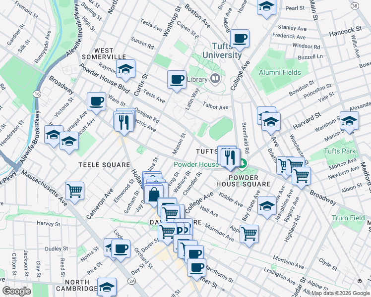 map of restaurants, bars, coffee shops, grocery stores, and more near 27 Burnham Street in Somerville