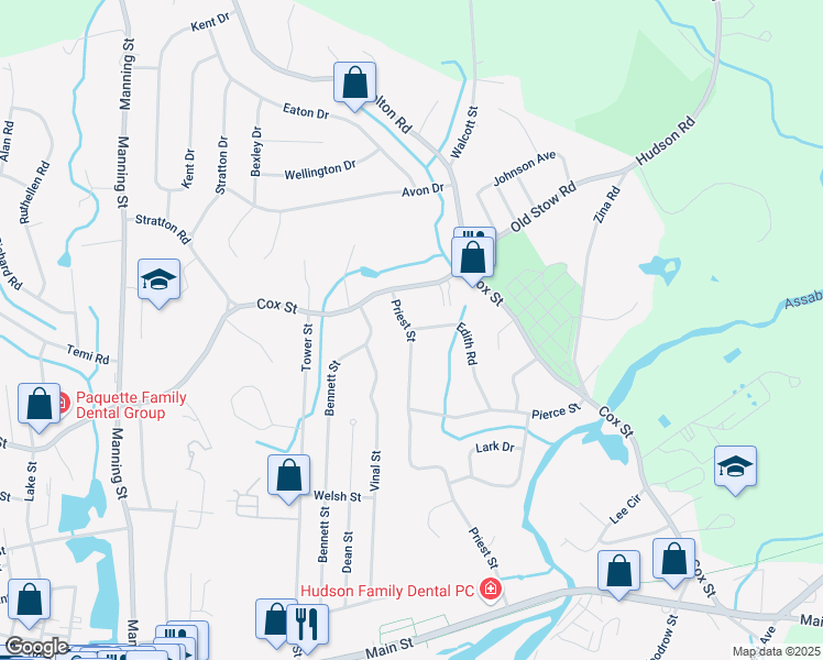 map of restaurants, bars, coffee shops, grocery stores, and more near 1 Edith Road in Hudson