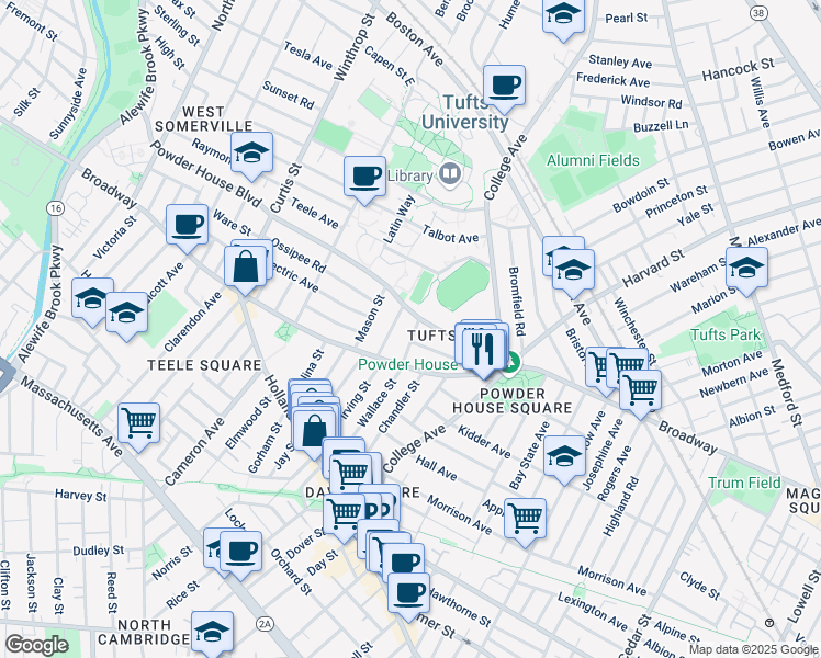 map of restaurants, bars, coffee shops, grocery stores, and more near 34 Leonard Street in Somerville