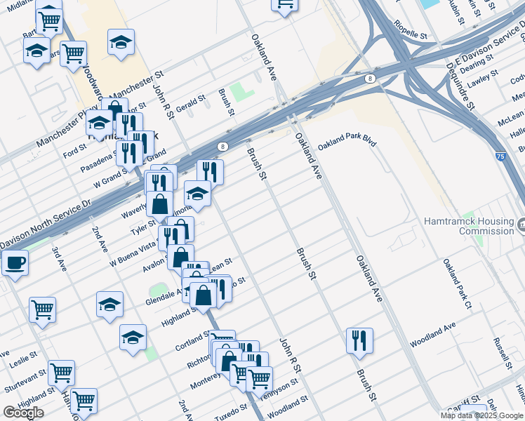 map of restaurants, bars, coffee shops, grocery stores, and more near 160 Farrand Park in Highland Park