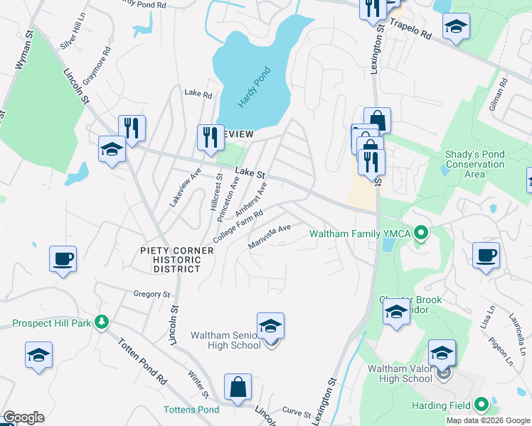map of restaurants, bars, coffee shops, grocery stores, and more near 194 College Farm Road in Waltham
