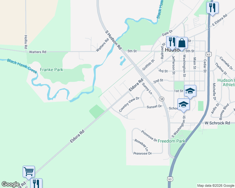map of restaurants, bars, coffee shops, grocery stores, and more near 603 Eldora Road in Hudson