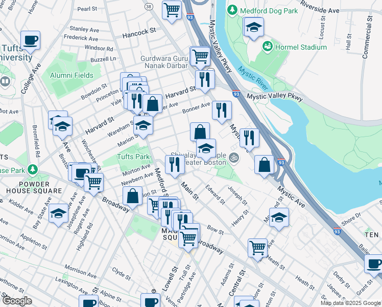 map of restaurants, bars, coffee shops, grocery stores, and more near 50 Hicks Avenue in Medford