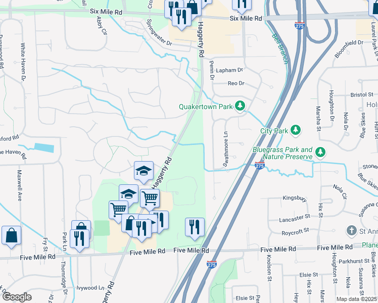 map of restaurants, bars, coffee shops, grocery stores, and more near 15870 North Haggerty Road in Plymouth