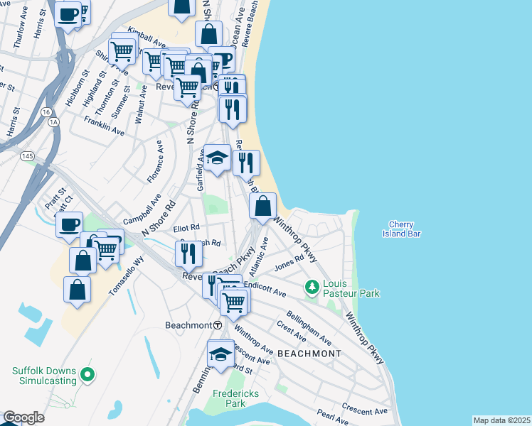 map of restaurants, bars, coffee shops, grocery stores, and more near 1 Winthrop Parkway in Revere
