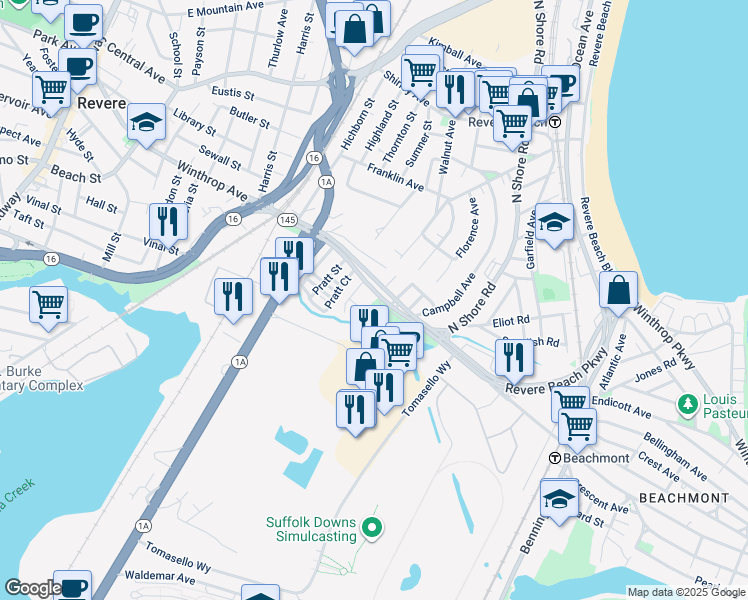 map of restaurants, bars, coffee shops, grocery stores, and more near 16 Pratt Place in Revere