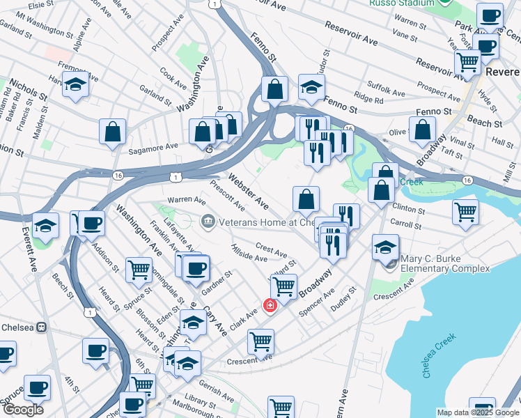 map of restaurants, bars, coffee shops, grocery stores, and more near 166 Webster Avenue in Chelsea