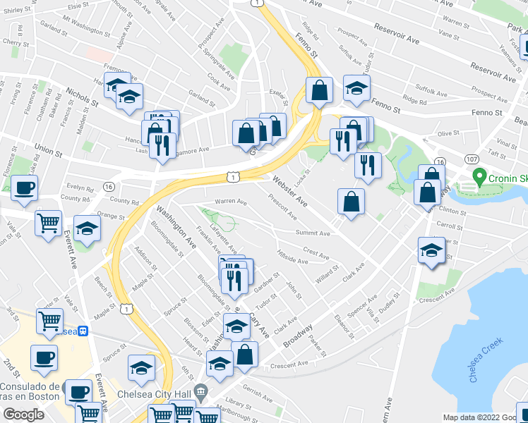map of restaurants, bars, coffee shops, grocery stores, and more near 122 Warren Avenue in Chelsea