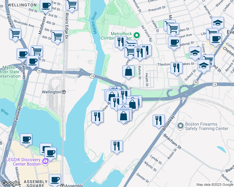 map of restaurants, bars, coffee shops, grocery stores, and more near 27 Mystic View Road in Everett
