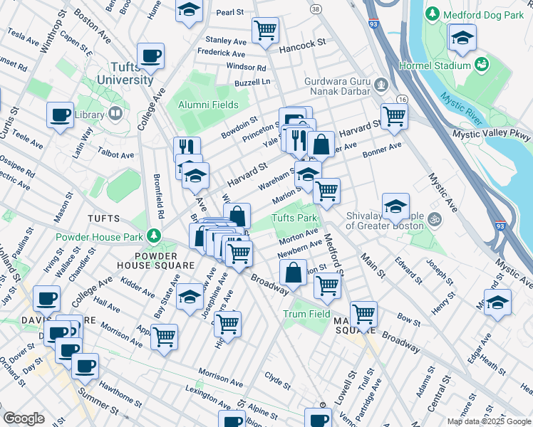 map of restaurants, bars, coffee shops, grocery stores, and more near 70 Marion Street in Medford