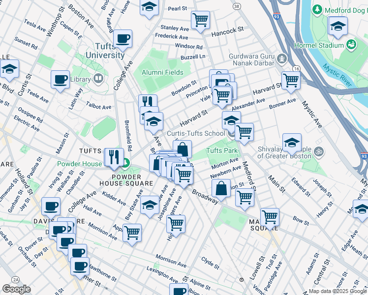 map of restaurants, bars, coffee shops, grocery stores, and more near 8 Winchester Court in Medford