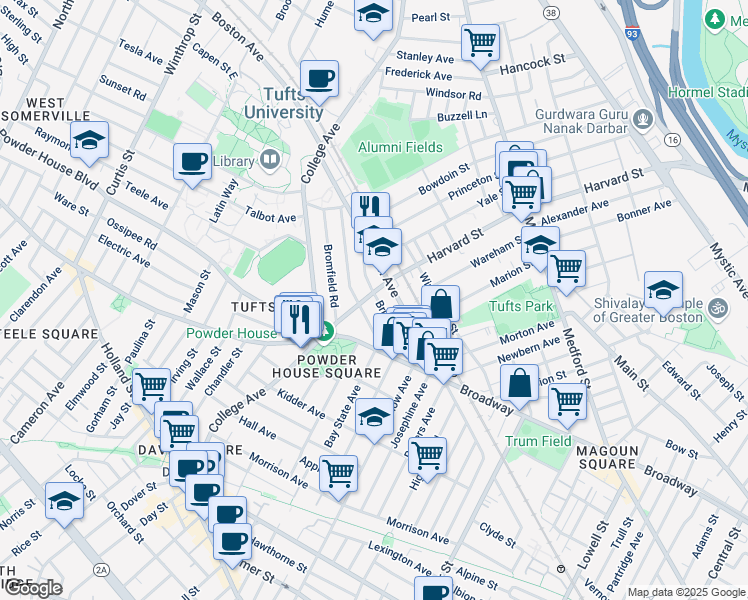 map of restaurants, bars, coffee shops, grocery stores, and more near 37 Warner Street in Somerville