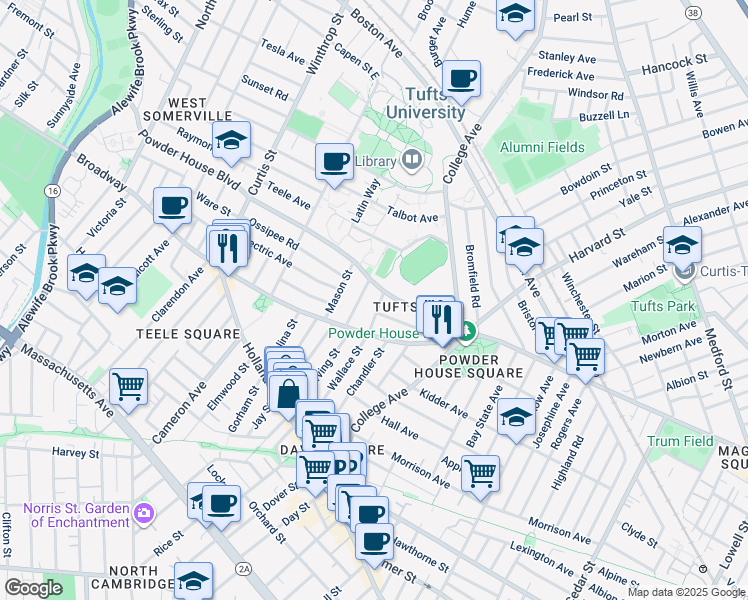 map of restaurants, bars, coffee shops, grocery stores, and more near 27 Burnham Street in Somerville
