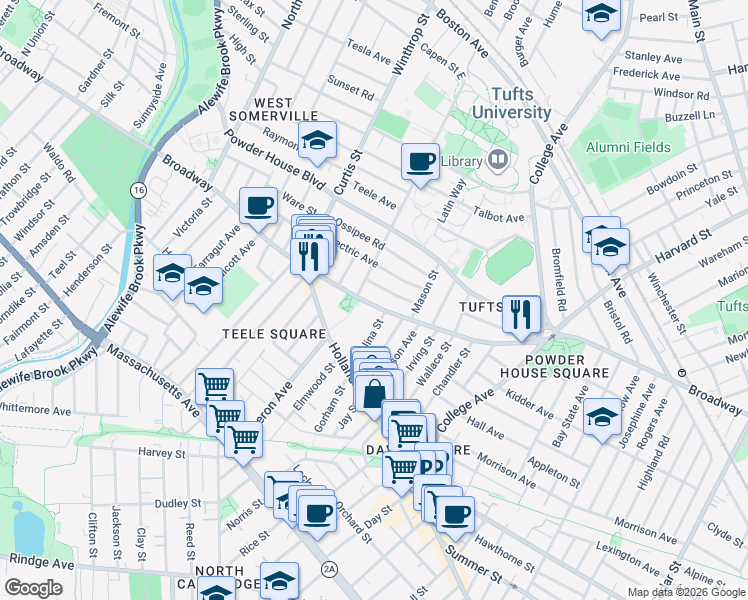 map of restaurants, bars, coffee shops, grocery stores, and more near 1043 Broadway in Somerville