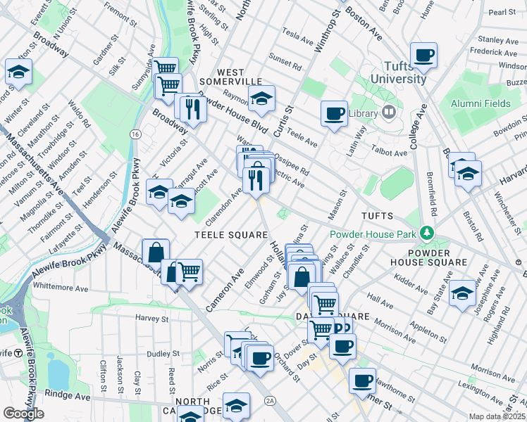 map of restaurants, bars, coffee shops, grocery stores, and more near 12 Moore Street in Somerville