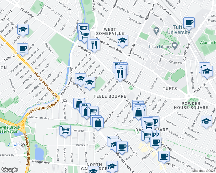 map of restaurants, bars, coffee shops, grocery stores, and more near 35 Newbury Street in Somerville