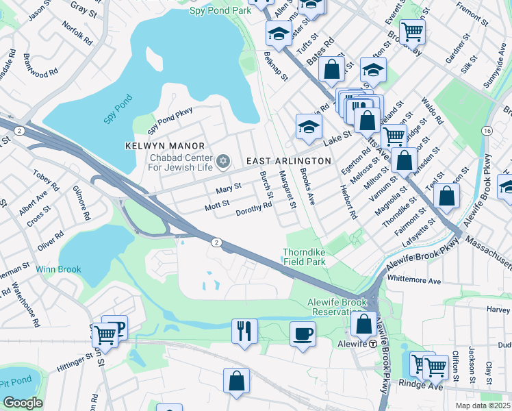 map of restaurants, bars, coffee shops, grocery stores, and more near 57 Dorothy Road in Arlington