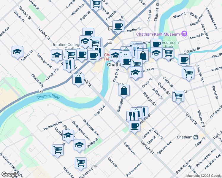 map of restaurants, bars, coffee shops, grocery stores, and more near 407 King Street West in Chatham