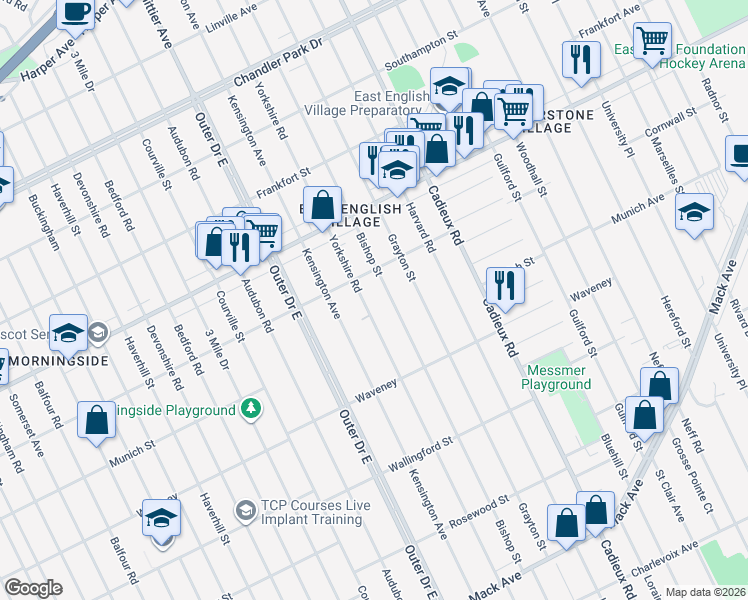 map of restaurants, bars, coffee shops, grocery stores, and more near 4470 Yorkshire Road in Detroit