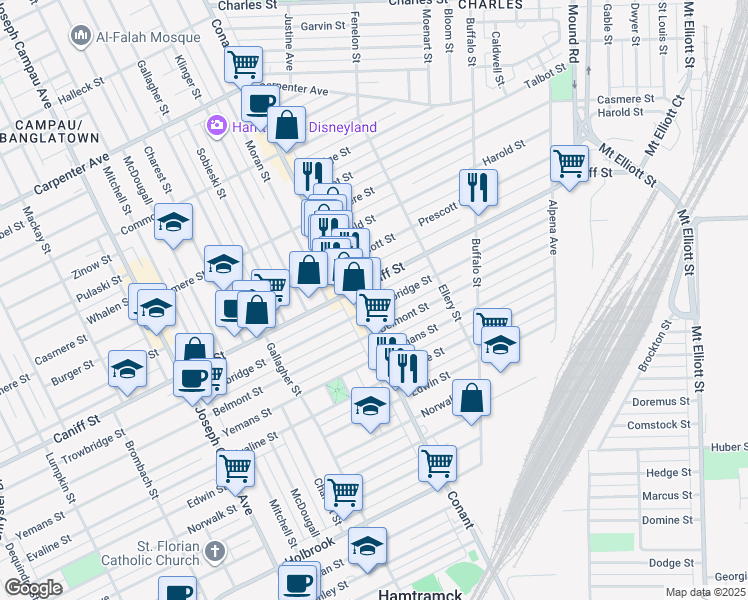 map of restaurants, bars, coffee shops, grocery stores, and more near 10300 Conant Street in Hamtramck