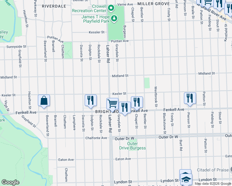 map of restaurants, bars, coffee shops, grocery stores, and more near 15373 Greydale Street in Detroit
