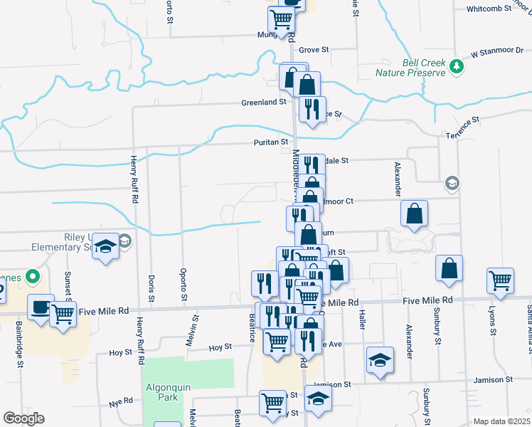 map of restaurants, bars, coffee shops, grocery stores, and more near 15775 Middlebelt Road in Livonia