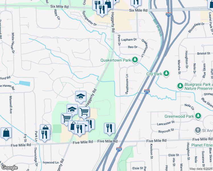 map of restaurants, bars, coffee shops, grocery stores, and more near 15870 North Haggerty Road in Plymouth