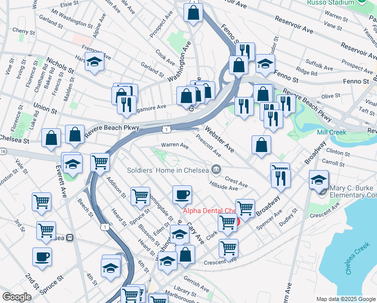 map of restaurants, bars, coffee shops, grocery stores, and more near 73 Warren Avenue in Chelsea