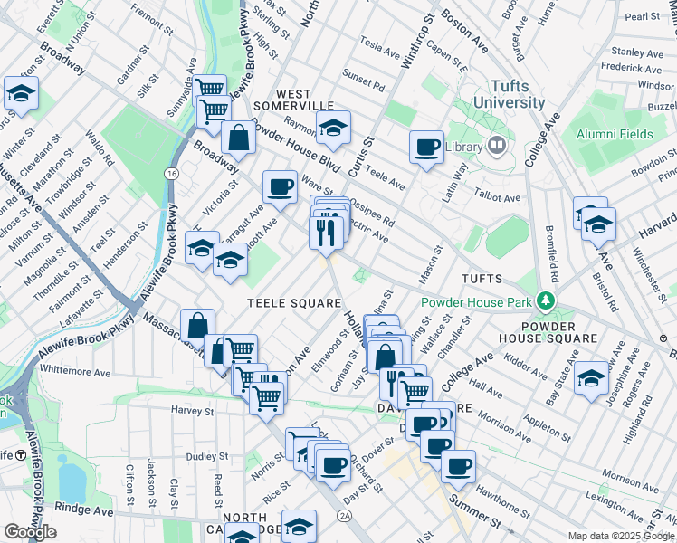 map of restaurants, bars, coffee shops, grocery stores, and more near 217 Holland Street in Somerville