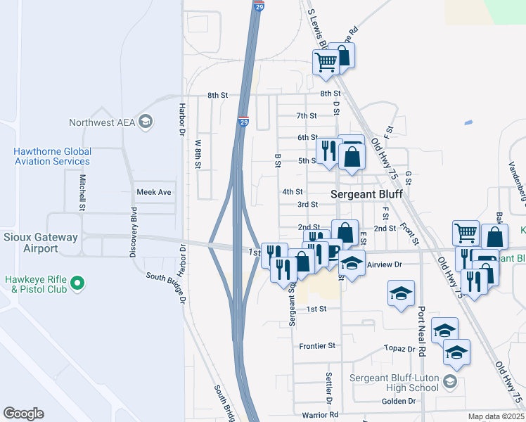 map of restaurants, bars, coffee shops, grocery stores, and more near 205 B Street in Sergeant Bluff