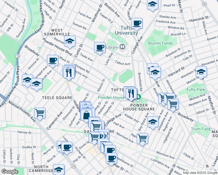 map of restaurants, bars, coffee shops, grocery stores, and more near 27 Burnham Street in Somerville