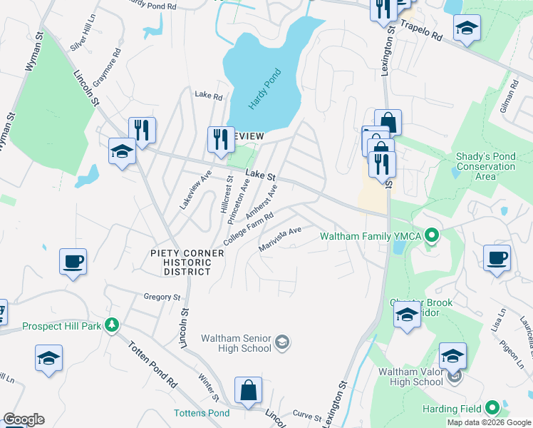 map of restaurants, bars, coffee shops, grocery stores, and more near 195 College Farm Road in Waltham